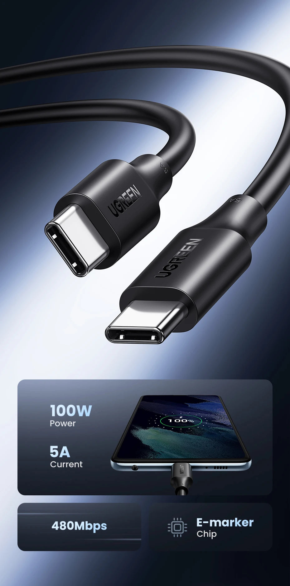 UGREEN 100W Type C to Type C USB Cable PVC Universal Compatibility - Tech Syndicate